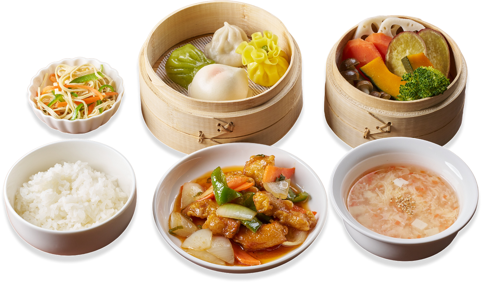 ごはん、中華風スープ、春雨サラダ風の前菜、酢豚風の炒め料理、蒸し野菜の盛り合わせ、蒸し点心の盛り合わせ